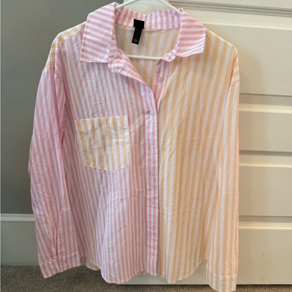 Striped Pink and Yellow Button-Up Shirt